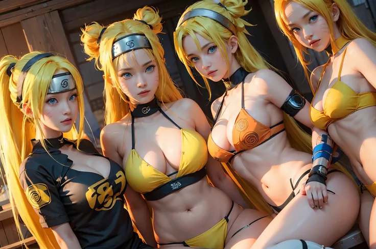 generate 5Narutoes all with yellow hair from naruto anime, best quality, masterpiece,so manygirl, smile, raytracing, ultra detailed, 8k wallpaper, wide hips, tsundere face, large breast, ninja headband. (long hair:1.1),yellow hair, ((blue eyes)), looking a...