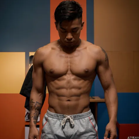 Homme asiatique ,de couleur metisse , âgée de 25ans entrain de faire de la boxe de manière charismatique, avec des tatouages , un short de couleur rouge , des yeux des couleur Veron