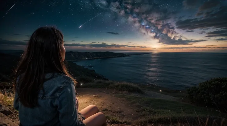 realisitic，Meteor shower in the night sky，Sea view，Beautiful scenery，A girl is watching from a hill in the distance