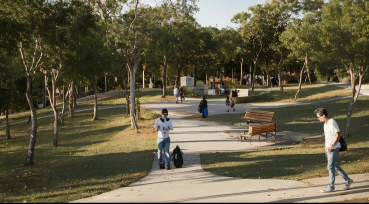 people walking along a path in a park with benches and trees, Viajantes do tempo aparecem em um parque, Caminhando no Parque, um parque, Parks and Public Space, em um parque da cidade, Estacione em um dia ensolarado brilhante, realistic afternoon lighting,...