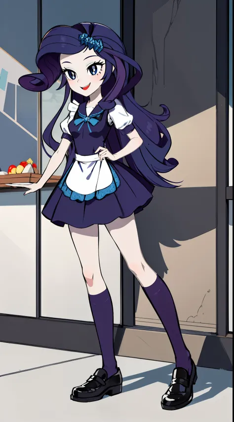 masterpiece,best quality, 1girl, solo,mlprarity,colored skin,hair ornament,messy hair,purple hair,blue eyes, maid uniform, full body, smile