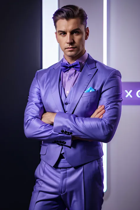 man in lilac suit, com cores neon azuis em suas roupas, ultra realistic, arms crossed, lilac neon in the background