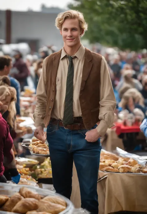 A photo of MormonMorgan at a charity event, serving food to the homeless,original,MormonMorgan is blonde with blue eyes and he’s nearly 7 ft tall, male