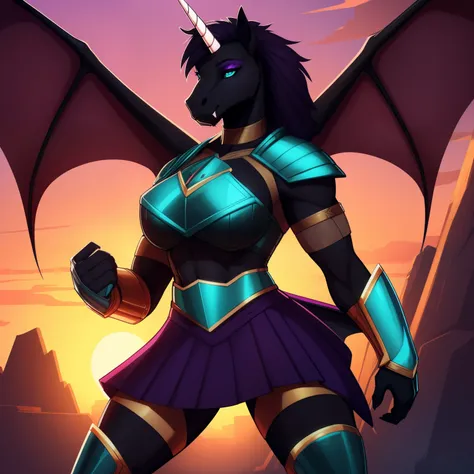 Tall_lanky_muscular_unicorn female dark_purple_mane bun black_furry_body teal_eyes slit_pupils solo Masterpiece best_quality absurdres highly_detailed breastplate battle_skirt gauntlets greaves cleanly_drawn_eyes fangs bat_wings purple_eyeshadow horse_snou...