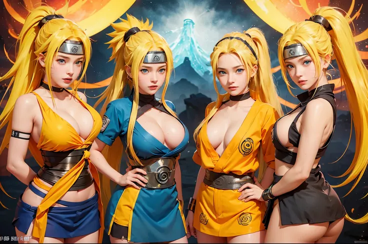 generate 5Narutoes all with yellow hair from naruto anime, best quality, masterpiece,so manygirl, smile, raytracing, ultra detailed, 8k wallpaper, wide hips, tsundere face, large breast, ninja headband. (long hair:1.1),yellow hair, ((blue eyes)), looking a...