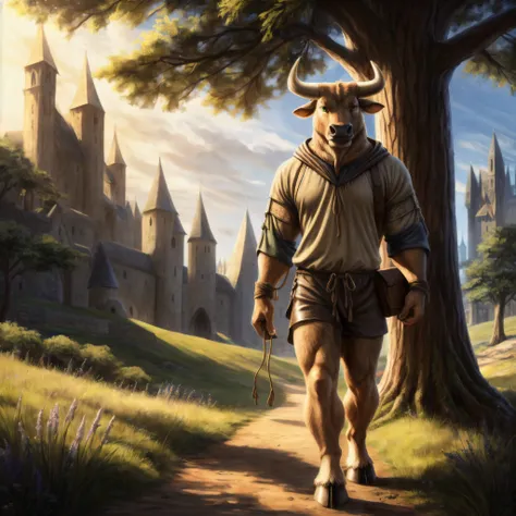 an anthro bull walking along a dirt road during the day, ((nj5furry, solo, walking, masterpiece, anthro, male, bull-face, medium-length horns, tan colored horns: 1.5, bovine tail: 1.2, muscled body, hooves, tan colored hooves: 1.2, two-tone fur, detailed f...
