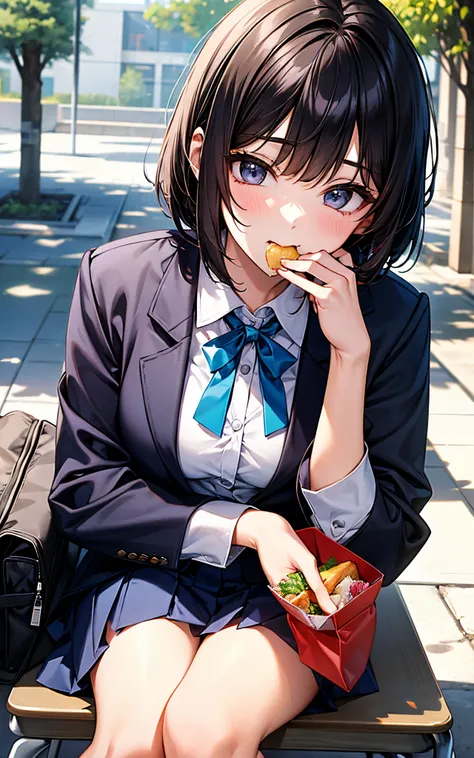 She eats her lunch in the school courtyard during lunch break.、She wears her high school uniform。Hair is a short bob