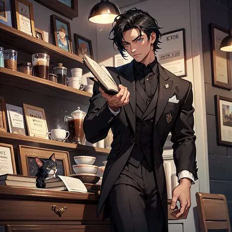 1 male, solo, black formal clothes, black hair, blue colored eyes, coffee shop, looking to a book, absurdres masterpiece, ultra HD, adult, cat on the table, coffe on the table, sculpted body, bossy, daddy