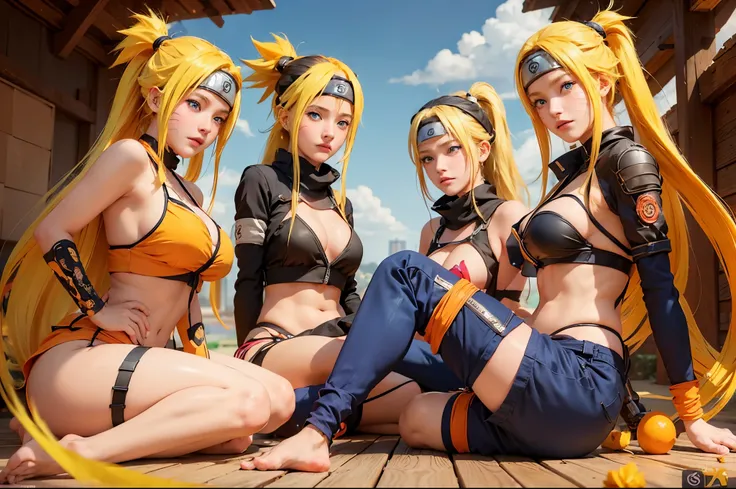 generate 5Narutoes all with yellow hair from naruto anime, best quality, masterpiece,so manygirl, smile, raytracing, ultra detailed, 8k wallpaper, wide hips, tsundere face, large breast, ninja headband. (long hair:1.1),yellow hair, ((blue eyes)), looking a...