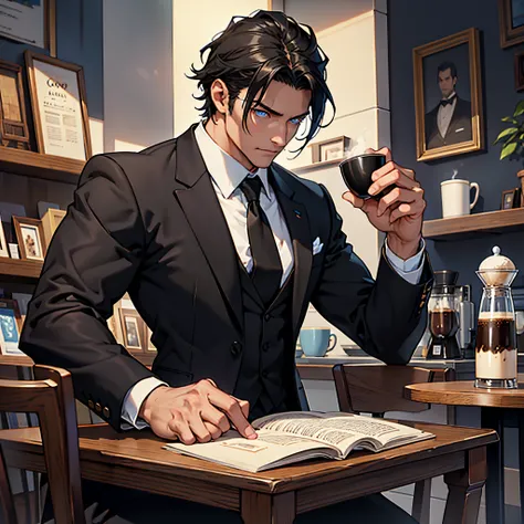 1 male, solo, black formal clothes, black hair, blue colored eyes, coffee shop, looking to a book, absurdres masterpiece, ultra HD, adult, cat on the table, coffe on the table, sculpted body, bossy, daddy