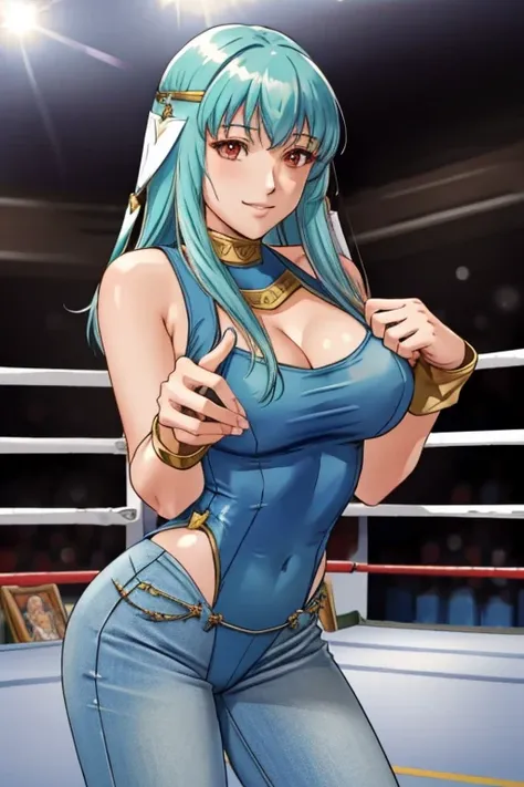 ninian fe, 1girl, solo, ((tight leotard)), ((sexy pose)), ((wrestling ring)), jeans, tank top, leaning forward, cleavage, smirk,...