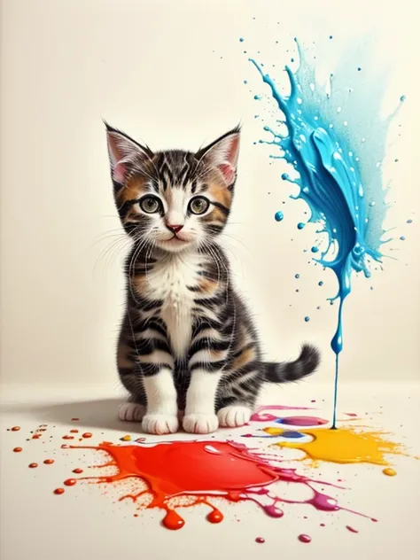 colored pencil drawing of very cute kitten with paint splashed on it and drops of paint falling --ar 4:5 --s 500