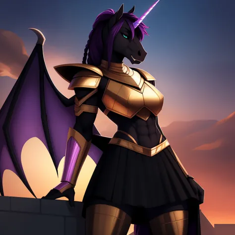 Tall_lanky_muscular_unicorn female dark_purple_hair long_braided_ponytail black_furry_body teal_eyes slit_pupils solo Masterpiece best_quality absurdres highly_detailed breastplate battle_skirt gauntlets greaves cleanly_drawn_eyes fangs bat_wings horse_sno...