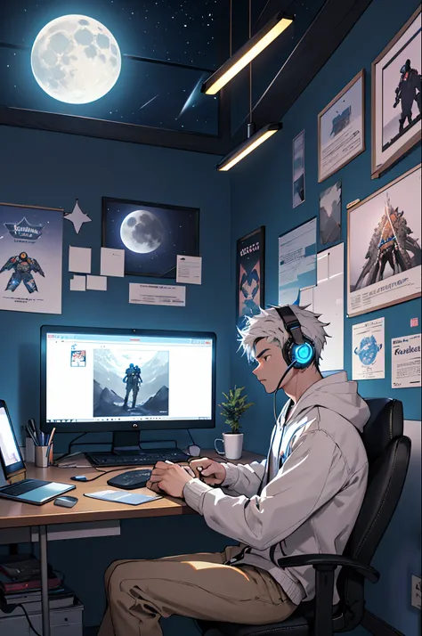 (tmasterpiece) A boy with (male people) Sit in his room and study, on his desk, with headphones on, nerdy decor, Video games on the wall, poster for, A window showing the moon and stars, dispassionate, Calm, thinking, Cinematic, colorgrading, Nice color co...