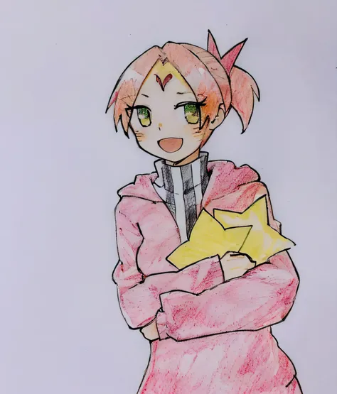 A picture of a girl wearing a pink coat holding a yellow envelope, In an anime style, inspired by Unichi Hiratsuka, As an anime character, anime style character, In anime style, Madoka Kaname, Female protagonist 👀 :8, anime moe art style, an anime drawing,...