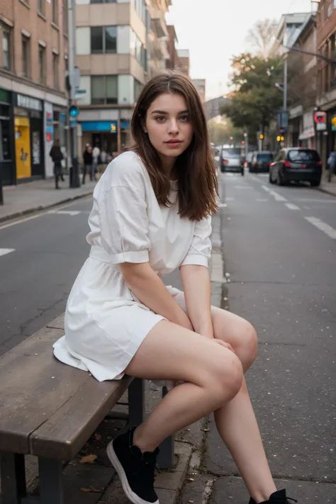 photography of a 20yo woman, perfect face, masterpiece, wearing a winters dress and sitting on urban road sites bench