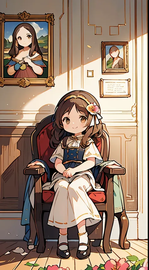 A very short and petite girl, (Very small)She is sitting on a large chair, smiling humanly, the room is full of flowers, the sunlight is bright, fantastic quality and details in the picture, the color of the room’s wall is light brown, there is a picture o...