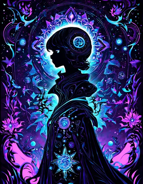 ((((black light poster art)))), design a captivating art piece featuring a mysterious and enchanting cosmic explorer, adorned with glowing celestial symbols and surrounded by swirling galaxies, a sense of adventure