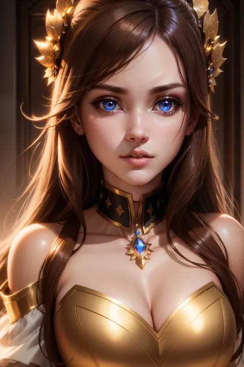 Masterpice, high quality, 4k, unreal engine, Face portrait of a very Beautiful princesse glowing eyes sexy face glowing eyes hyper realistic super detailed Dynamic shot, brown  hair, yellow brown eyes, pink lips