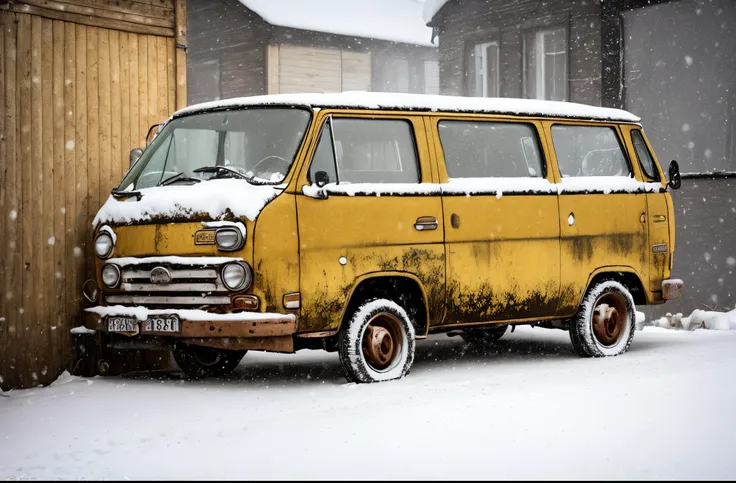 yellow rusty van parked on the side of the road in front of a building in winter,  snow on van