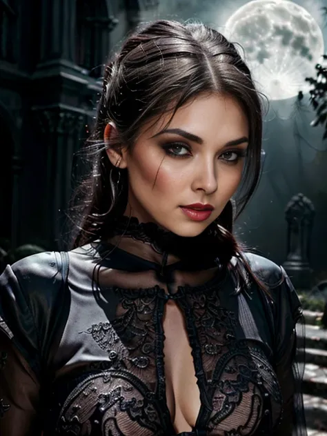 hermosa mujer vampiro vestida con un vestido victoriano ombros descubiertos, ojos azules, de cuerpo entero con ojeras, cde pie e...