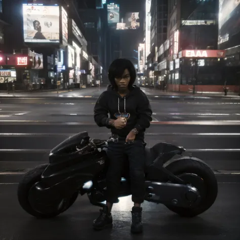 Cute boy, black hair, big eyes, wearing black hoodie, black jeans and black shoes, standing near black R15 BIKE, at night, in the city, ultra realistic, 8k.