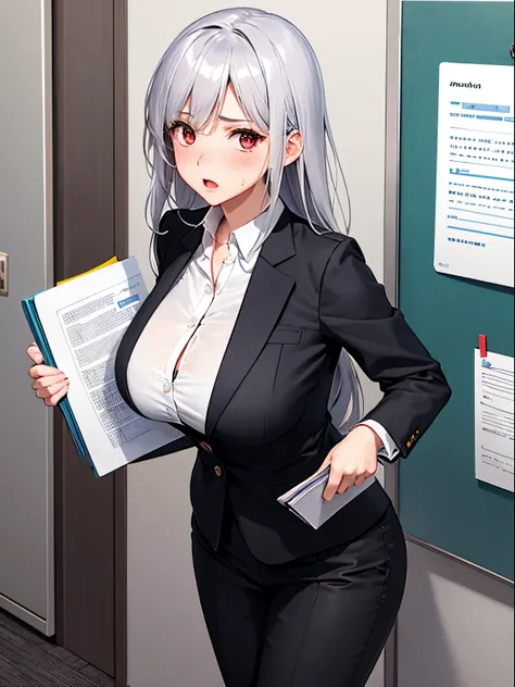 1girl, red eyes, silver long hair, office suit, black heels, massive, breasts sticking out of shirt, folder with documents in hands, confused look, blush, sweat