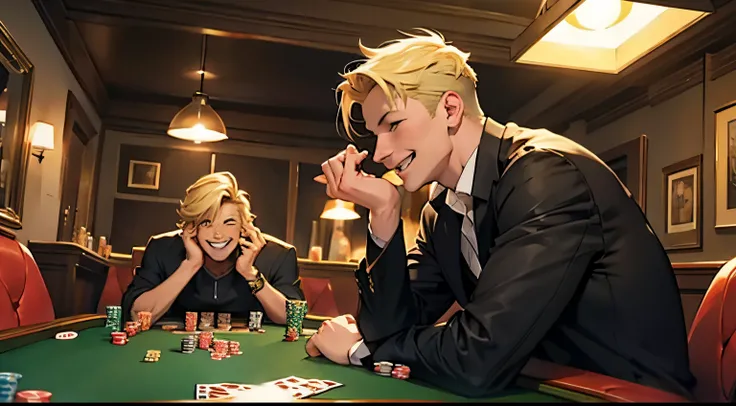 front view of a man with short blond hair playing poker and laughing