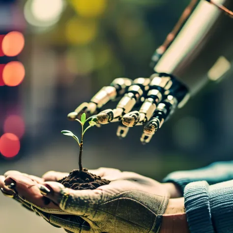 a woman holding a small tree seedling in her hands and her left hand is that of a robot. tema: sustentabilidade e tecnologia, cy...