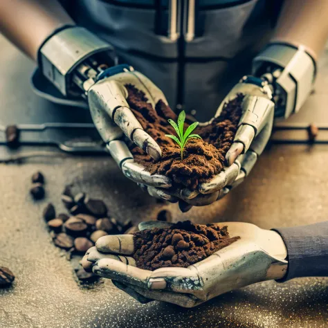 uma mulher (humanlike hands) holding a small tree seedling in his hands. lightly touching a robot&#39;s left hand. tema: sustent...