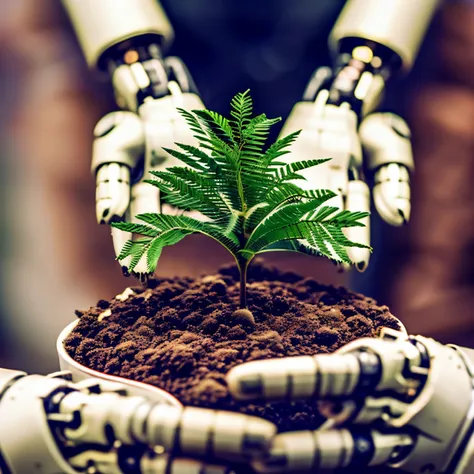 a woman holding a small tree sapling in her hands and her left hand is that of a robot. tema: sustentabilidade e tecnologia, gen...