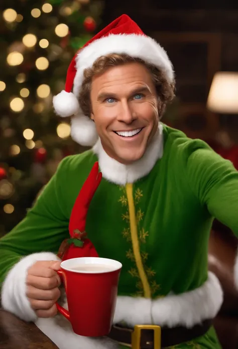 A selfie of Buddy the Elf wearing a Santa hat and holding a cup of hot chocolate with a mountain of whipped cream on top,Elf (2003),Buddy the Elf, the main character from the movie “Elf,” played by Will Ferrell, is an overly enthusiastic, childlike, and en...