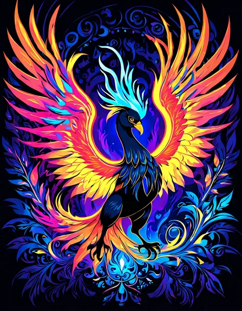 ((((black light poster art)))), design a captivating art piece featuring the essence of a mythical fire phoenix, with its feathe...