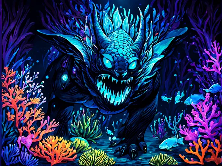 ((((black light poster art)))), craft an intriguing art piece featuring a mythical creature from the depths of an underwater rea...