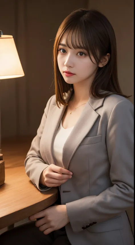 On a table, Best quality at best, lamplight, ultra - detailed, Detailed pubic hair, A high resolution, 8k wallpaper, Perfect dynamic composition, beautidful eyes,  Natural lips,blazer jacket ,校服, Lop, Full body lesbian,Put your hands in your pockets