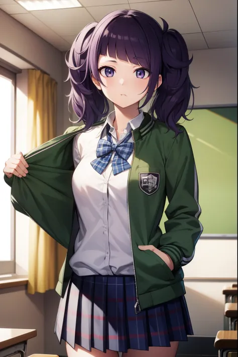 mamimitanaka, mamimi tanaka, asymmetrical bangs, blunt bangs, diagonal bangs, (purple eyes:1.1), purple hair, twintails,
BREAK school uniform, jacket, green jacket, (jacket partially removed:1.5), shirt, collared shirt, white shirt, bow, blue bow, skirt, p...