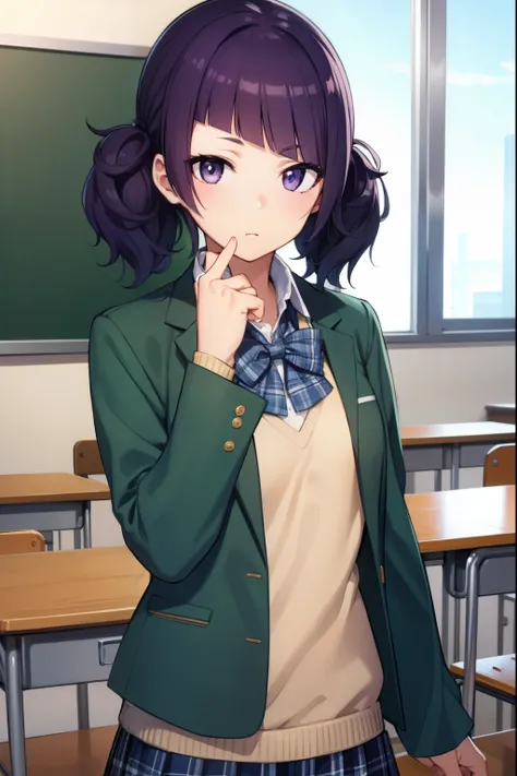 mamimitanaka, mamimi tanaka, asymmetrical bangs, blunt bangs, diagonal bangs, (purple eyes:1.1), purple hair, twintails,
BREAK school uniform, jacket, green jacket, (jacket partially removed:1.5), shirt, collared shirt, white shirt, bow, blue bow, skirt, p...