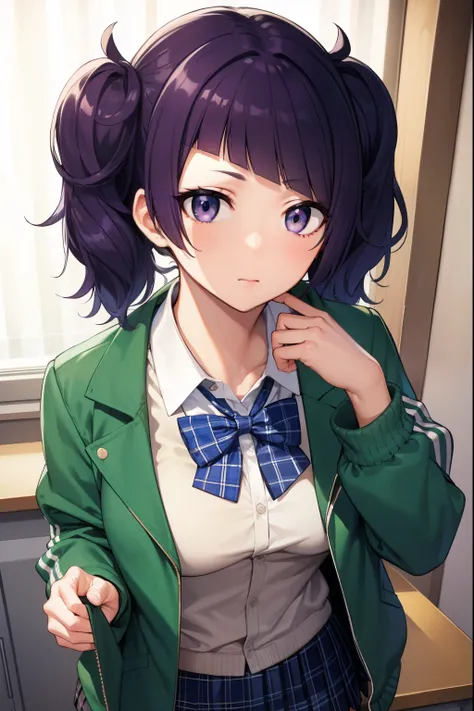 mamimitanaka, mamimi tanaka, asymmetrical bangs, blunt bangs, diagonal bangs, (purple eyes:1.1), purple hair, twintails,
BREAK school uniform, jacket, green jacket, (jacket partially removed:1.5), shirt, collared shirt, white shirt, bow, blue bow, skirt, p...