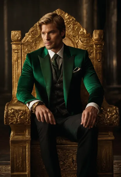 A photo of Jaime sitting on a luxurious velvet throne, wearing a crown and holding a goblet of wine.,Game of Thrones TV series,Jaime is handsome, blonde, with green eyes, and a golden hand, famously portrayed by Nikolaj Coster-Waldeau, male