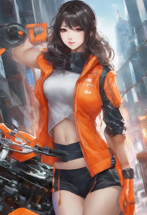 Asian beautiful sexy girl full naked, Just dressing Orange padded winter vest , on her knee repairing rocket sci-fi motorbike , masterpiece , 8k , RAW , ultra realistic , very detailed, Perfect body, Perfect beauty