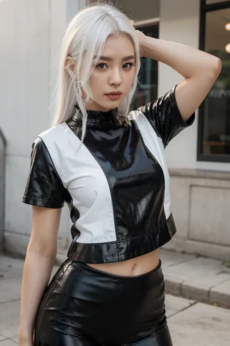 korean, black leather leggings, top shirt, white hair, beautiful,