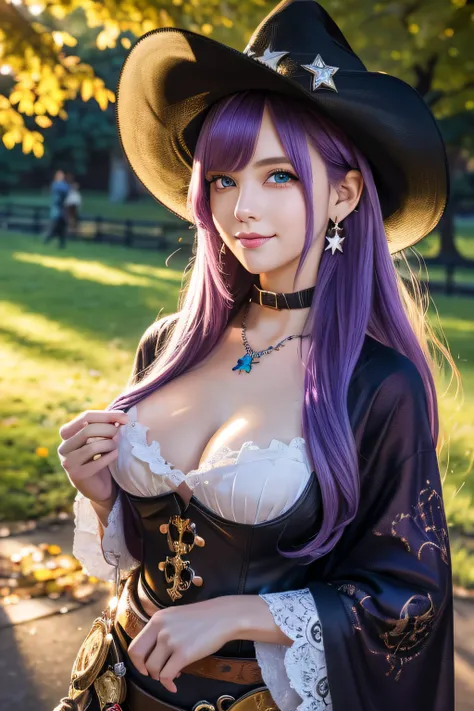 ((masutepiece)), ((Best Quality)), (Ultra-detailed), Illustration, ((kawaii)), Cute, (lovely), ((Sexy)), (Ero), ((Extremely detailed)), 4K, (8K), Best Quality, (Beautiful), Dynamic Angle, (Cowboy Shot:1.3), Pretty women, Solo, Witch, Beautiful purple hair,...