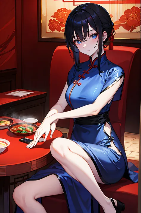 A dark-haired　blue eyess　Red cheongsam　Chinese Restaurant　​masterpiece　Top image quality　denoise　Clear 　cinematic shadow　Increased attractiveness of the eyes　Clear the shine of the eyes　Draw eyelashes neatly　Perfect Eye　A detailed eye　Sharpen image quality...