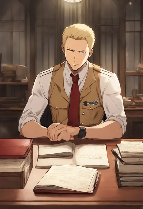 A photo of Reiner sitting at his desk, writing in a journal with a pained expression on his face.,Attack on Titan,Reiner Braun is tall, buff, with very short blonde hair and a very short stubble goatee, small amber eyes, thin eyebrows, very masculine featu...