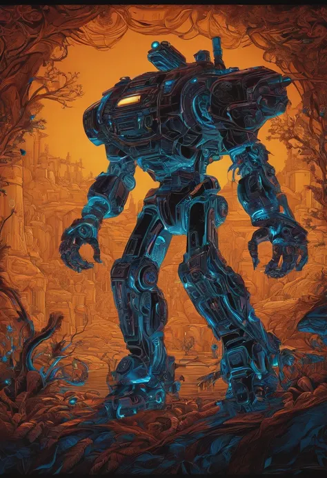 Black light art，Biochemical mech，Strong limbs，high saturated，hight contrast，vibrant with colors，mysterious hallucination，ultra - detailed，ultraclear，hyper-detailing，tmasterpiece，