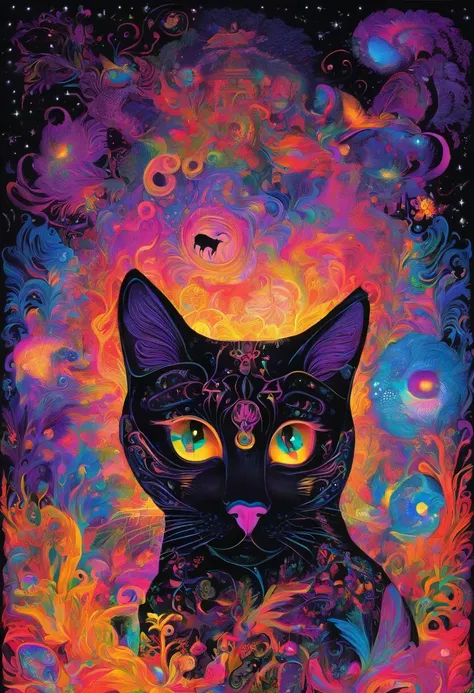 Black light art，black cats，high saturated，hight contrast，vivd colour，mysterious hallucination，ultradetailed，ultraclear，hyper-detailing，tmasterpiece，