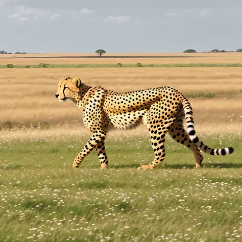 araffe walking in a field with a green grass field in the background, nature documentry footage, wildlife documentary, national geographic footage, still from a nature documentary, cheetah running over clouds, still from nature documentary, humanoid cheeta...