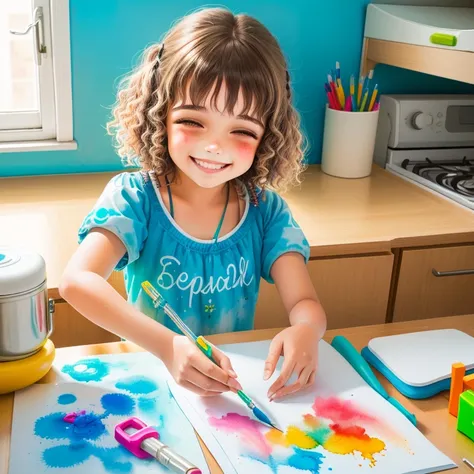 menina de 5 anos fofa, bricando feliz aquarela