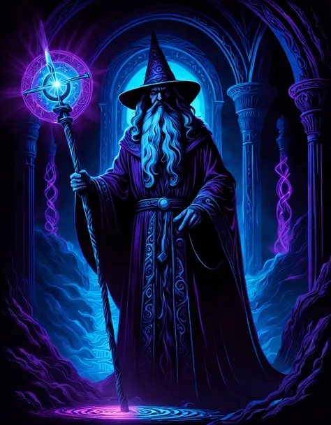 sinister dark wizard in robes (holding a magical staff), (((black light poster art))), mystical portal background