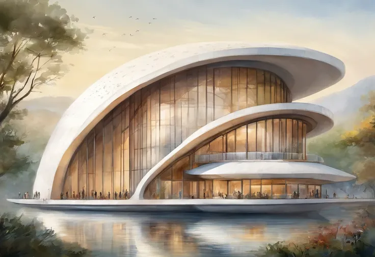 This image features a modern architectural structure by a body of water, possibly a river or lake. The building has a distinctive, futuristic design with a curved, wave-like roof that is reminiscent of a shell or a blooming flower. It is surrounded by a la...